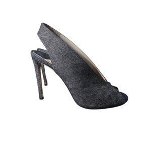 Jimmy Choo Denim Slingback Pumps Asymmetric Peep Toe Draped Front Stiletto Heel